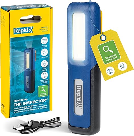 Rapid Luz de Trabajo LED The Inspector: Lámpara Portátil 150 Lúmenes + Superior 50 Lm, USB-C Recargable, Base Magnética,