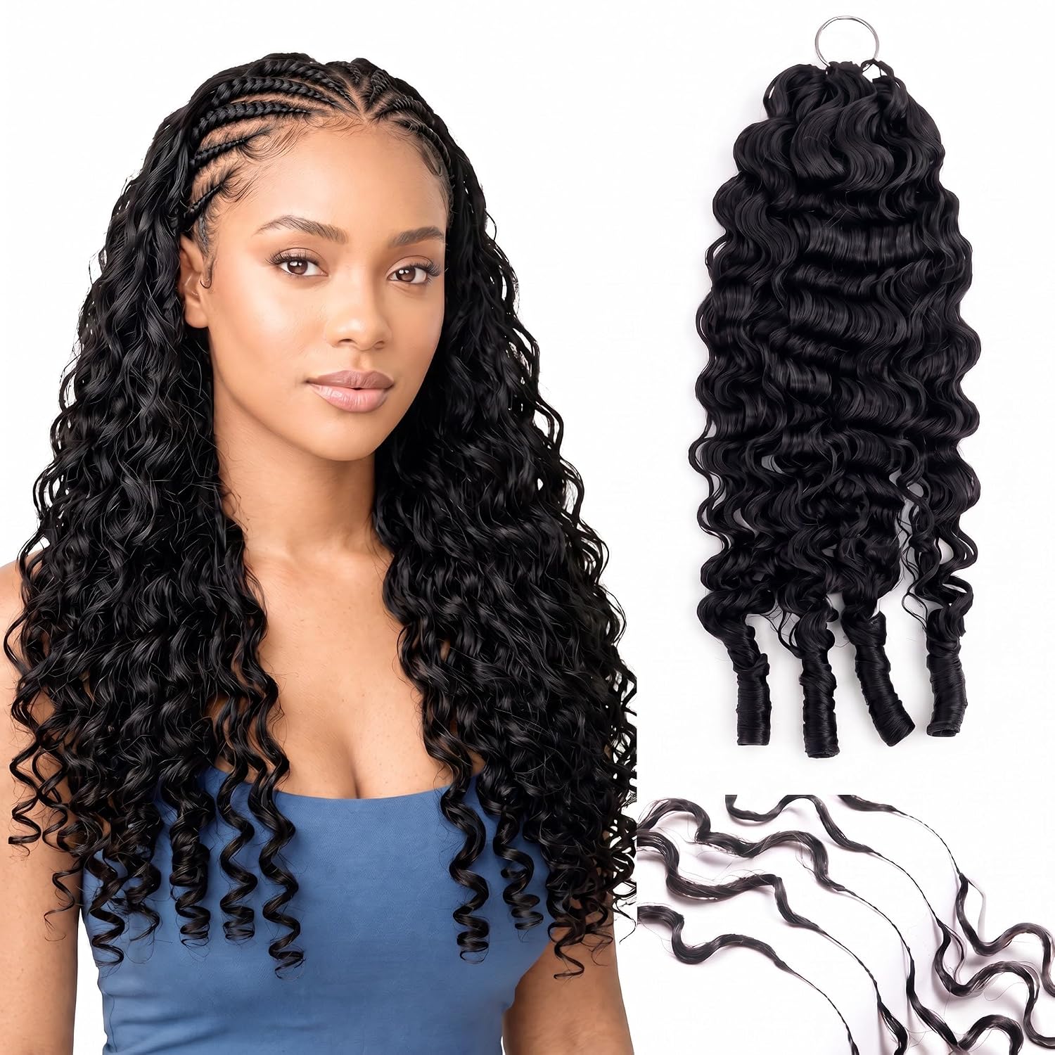Feather Crochet Human Hair Burmese Curly, 18 Inch 55g Pre‑Separated Invisible Human Crochet Hair with Miracle Knots, Soft Lightweight Reusable Crochet Hair Extensions, Natural Black