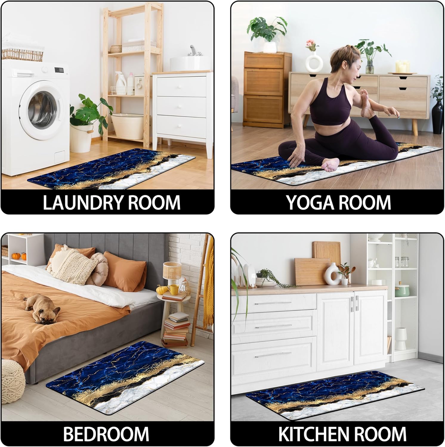 Blue Kitchen Mats and Rugs 2 Pieces Marble Anti Fatigue Cushioned Kicthen Floor Mat Gold Kitchen Accessories Non-Slip Standing Mats for Home Office Laundry (Blue Gold, 17x29.5+17x47.2)