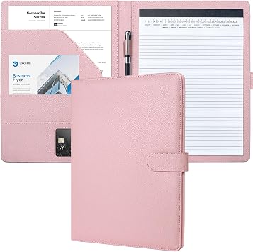Mymazn Padfolio Portfolio Folder, Faux Leather Interview Resume Folder with Document Organizer & Business Card Holder, Letter-Sized Notepad Legal Pad Holder for Men Women Pink