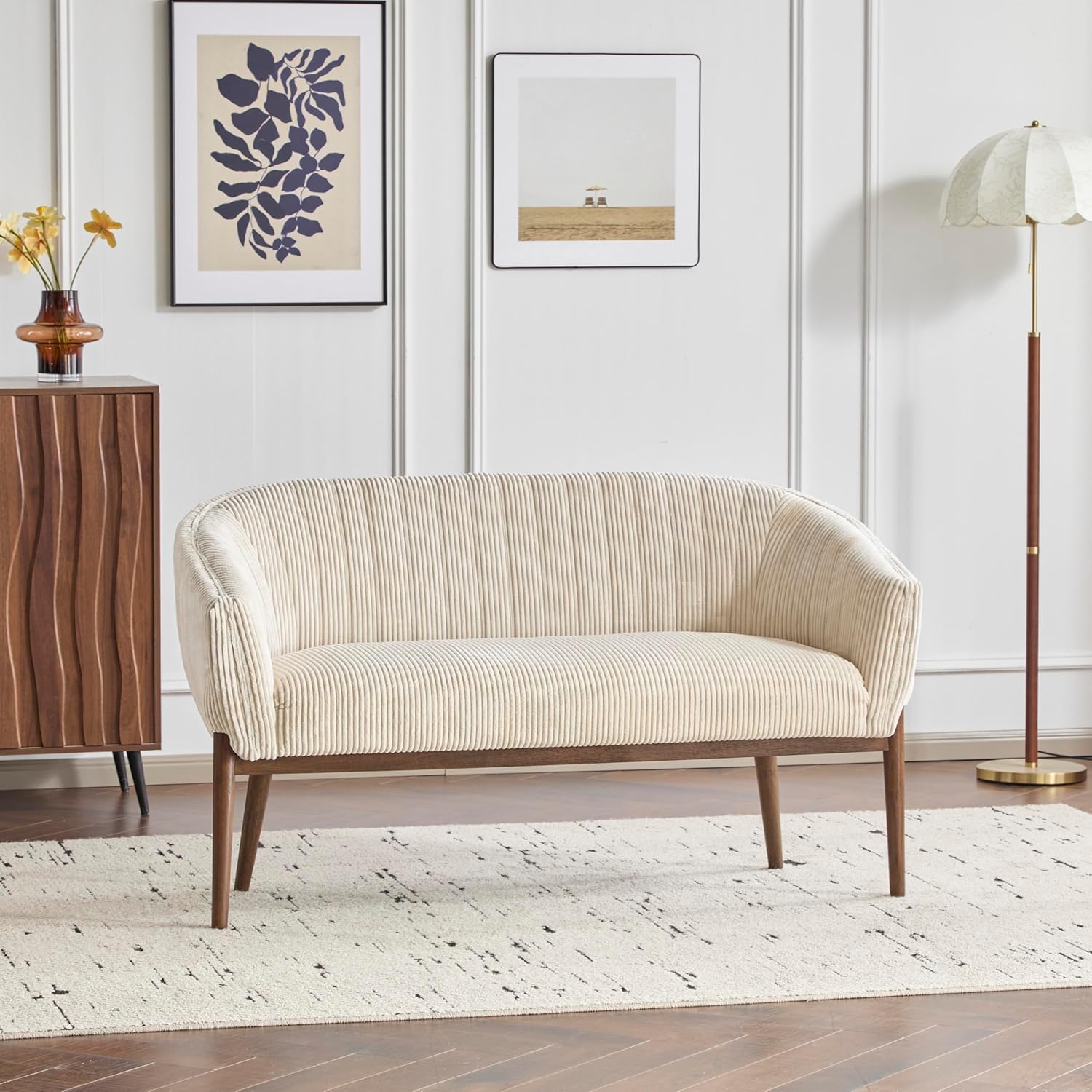 Christopher Knight Home Irelia Corduroy Recessed Arm Loveseat, Comfy Upholstery 2 Seater Sofa, Wooden Frame Living Room Chair, Mid-Century Modern Soft Seating Lounge Sofa, Beige + Walnut