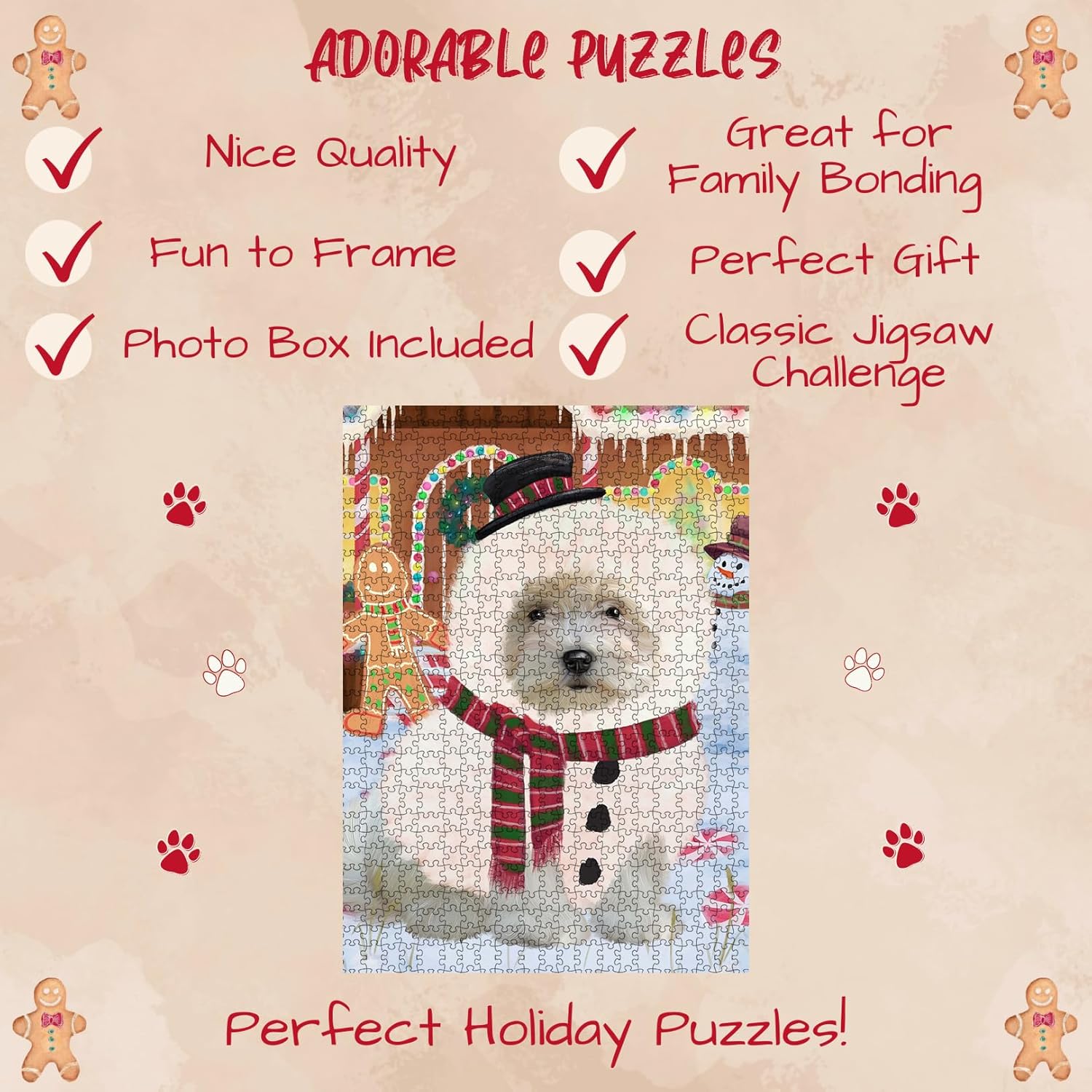 Christmas Gingerbread Snowman Coton De Tulear Dog Jigsaw Puzzle for Adults - Animal Printed Interlocking Puzzle Game Artwork - Gift for Dog Lover's- 500 Pcs 14"x20"
