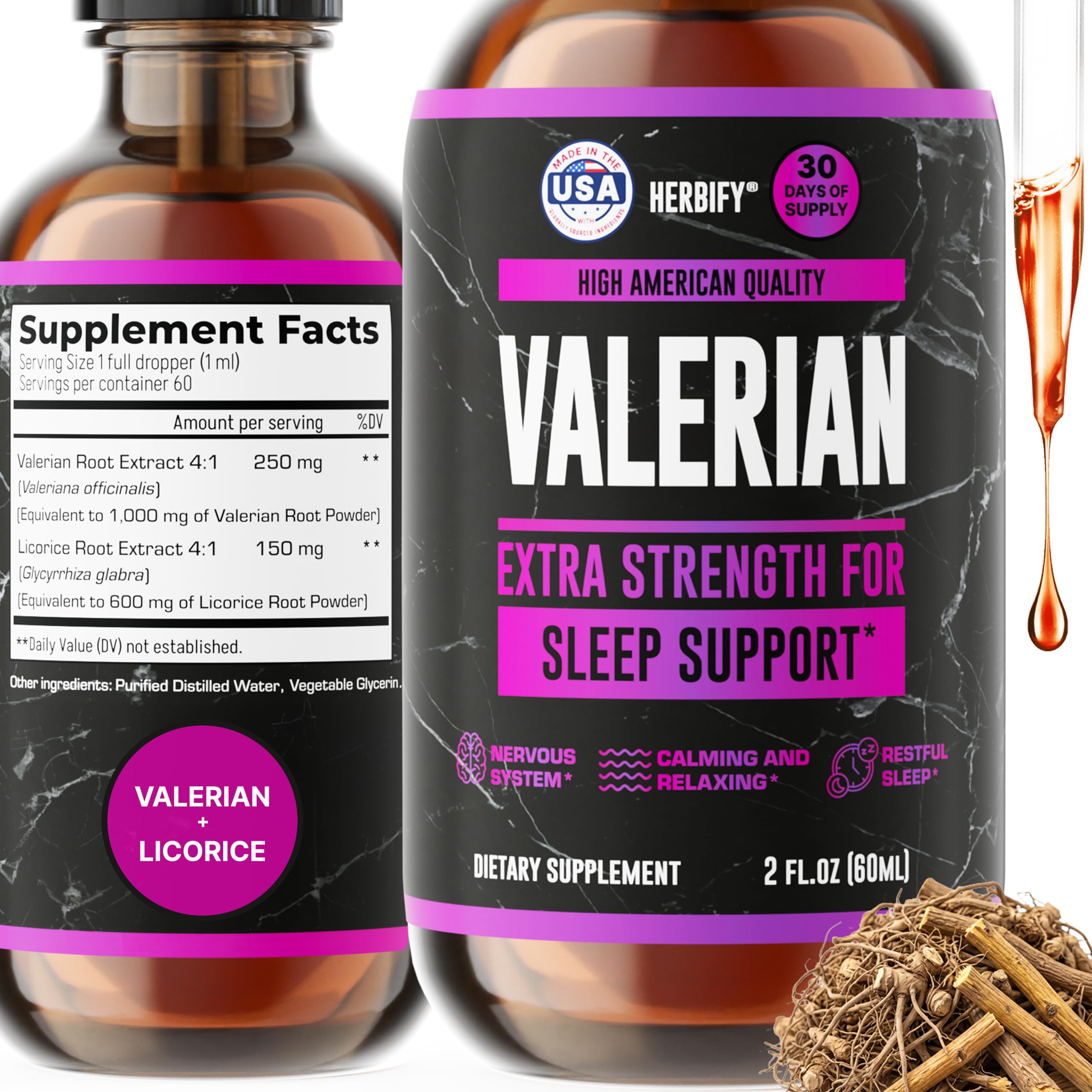 Valerian Root & Licorice Root Liquid Extract, 2-in-1 Herbal Complex - 2 Oz