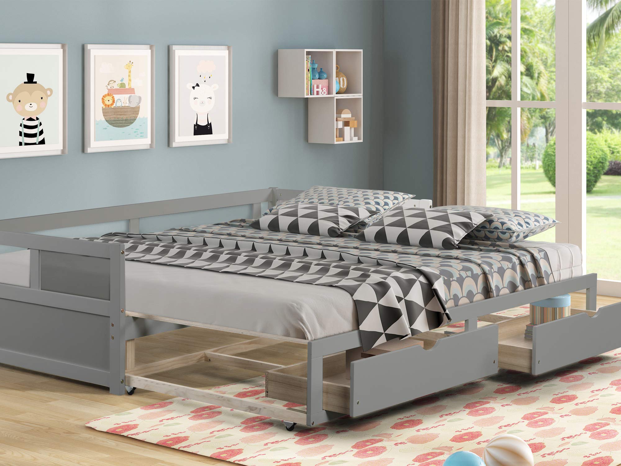 Buy Daybed with Trundle and Two Storage Drawers, Extendable Wood Twin