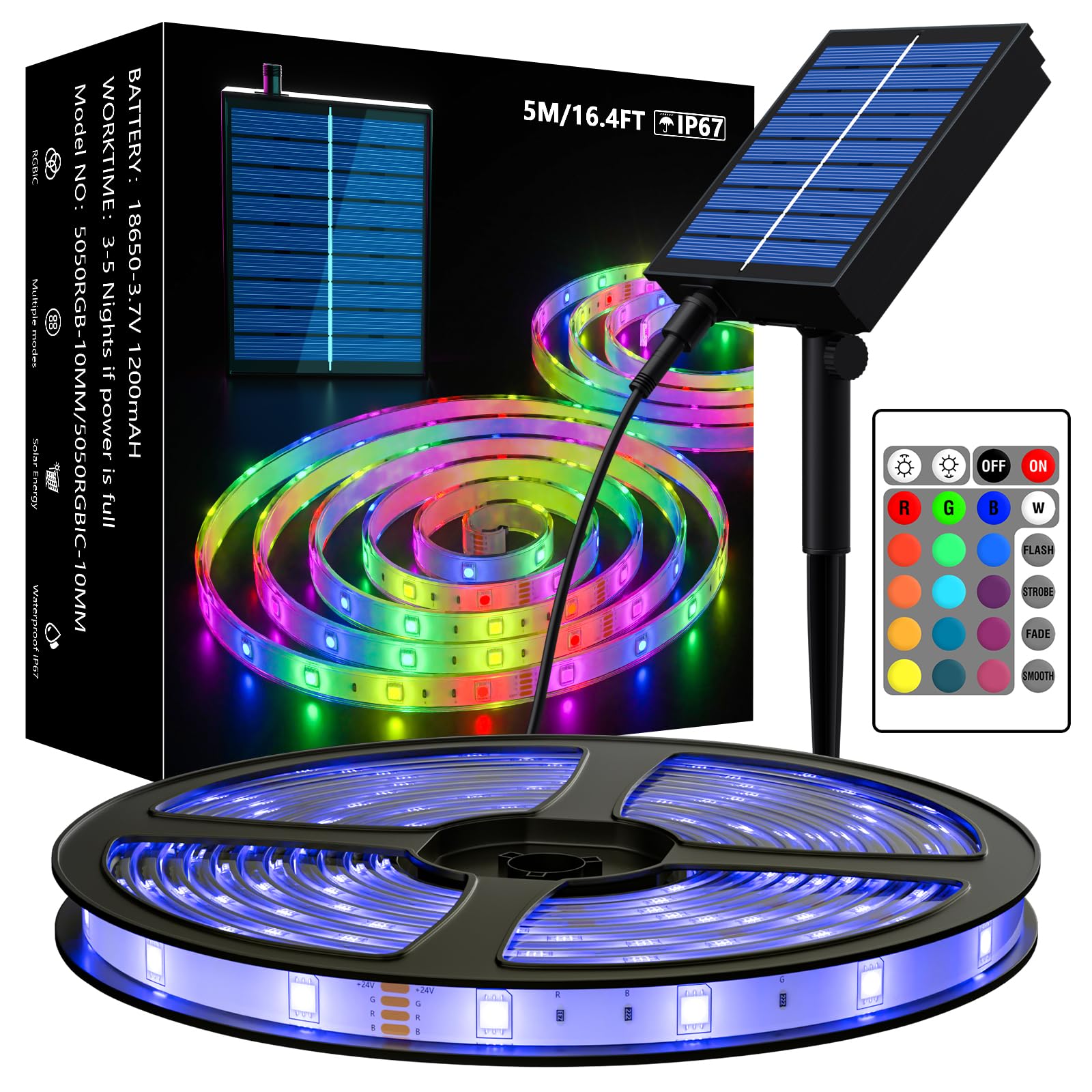 MIHEAL Solar LED Strip Outdoor, 16.4ft SMD 5050 LED Lights, Solar Powered RGB Colour Changing LED Strip, IP67 Waterproof Decorative Fairy Lights for Yard Trees Garden (2)