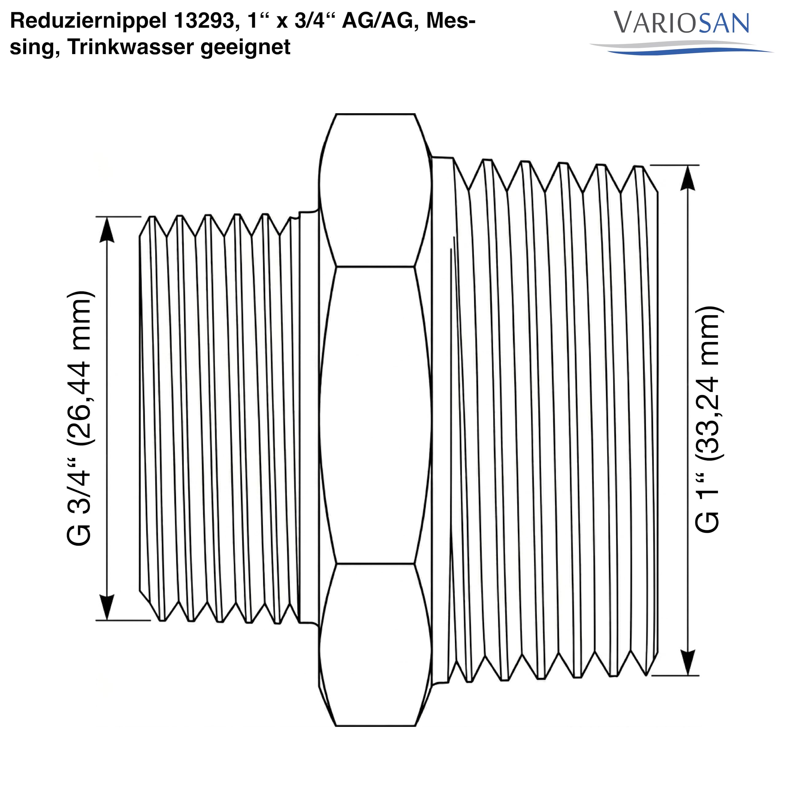 VARIOSAN Nipplo riduttore 13293, 1" x 3/4" AG/AG, ottone, adatto per acqua potabile