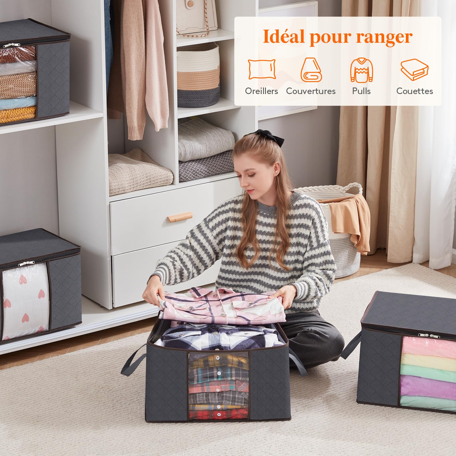Sac De Rangement Sous Lit XXL Pliables Triple Zip – Organisateur Couettes, Vêtements, Literie Gris 52x42x45 Cm