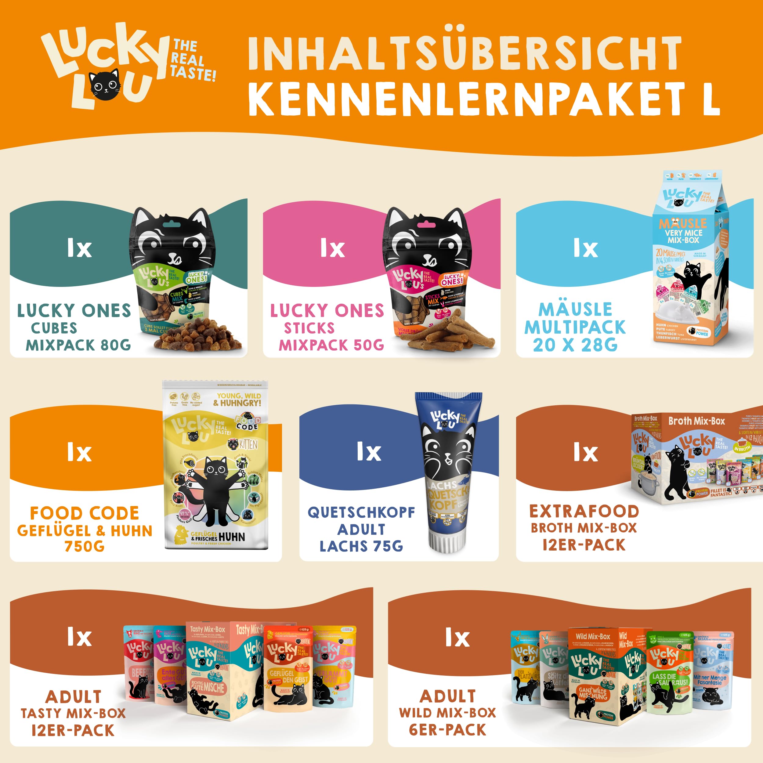 Lucky Lou Probier-Paket mit Katzenfutter nass und trocken & Katzen-Leckerlis in verschiedenen Sorten - Katzen-Leckerlie, Nassfutter & Trockenfutter ohne Getreide & Zucker im Mix