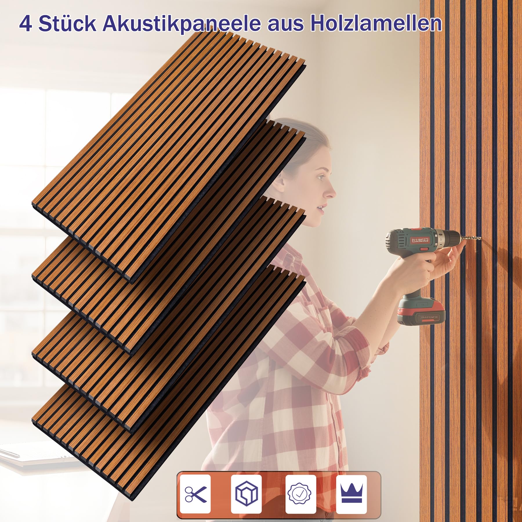 Holzpaneele für die Wand 4 Stück 120 x 60 cm,3D Akustikpaneele Holzlatten Holzoptik Paneele für die Wand,Holz Wandpaneele für die Wanddekoration (Teakholz)