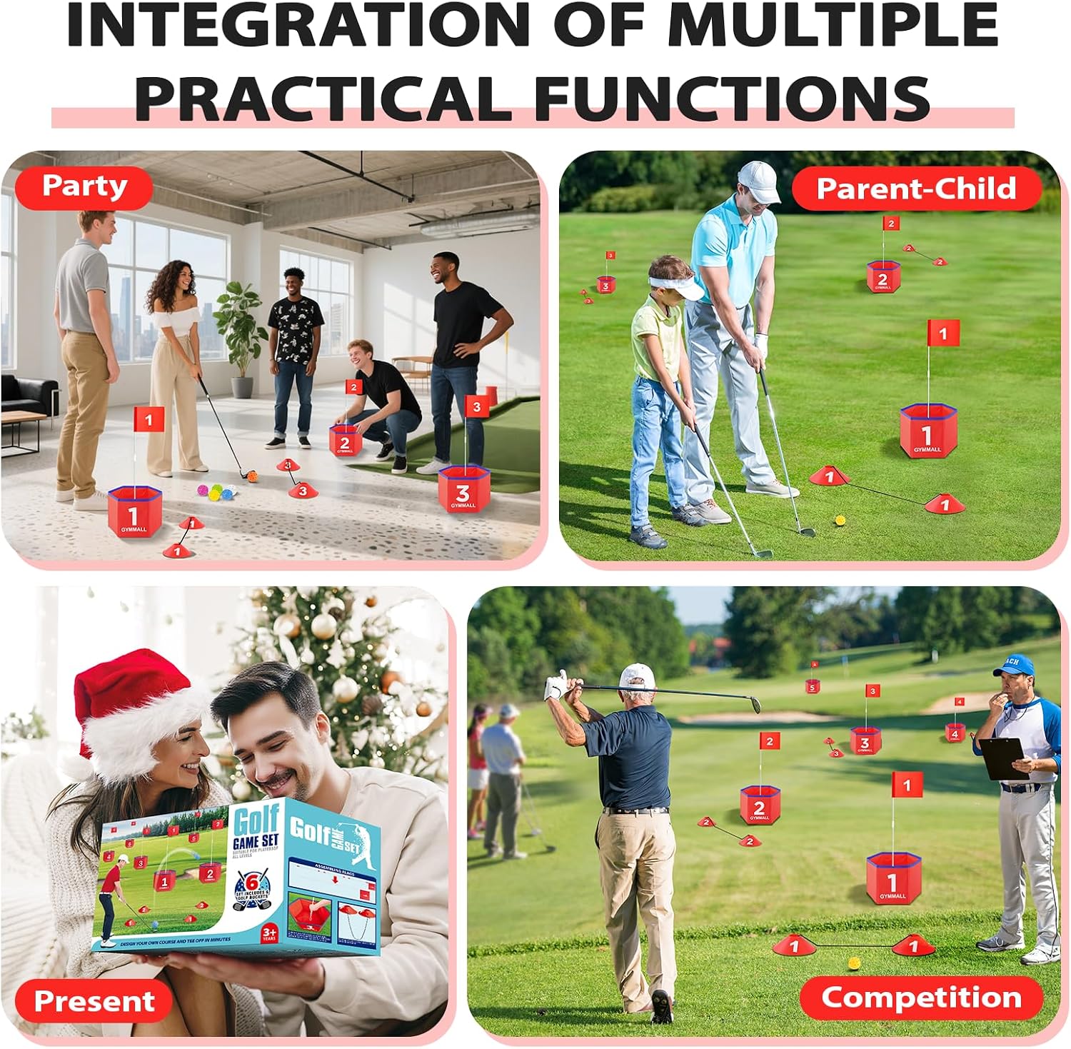 Golf Bucket Yard Game, Backyard Golf Set for Kids, Adults and Family, Outdoor and Indoor Portable 9 Holes Golf Course with Balls, Flags and Carry Bag for Lawn, Park, Beach and Hotel - Red