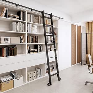 96-inch Black Sliding Library Ladder with 4ft Hook Track