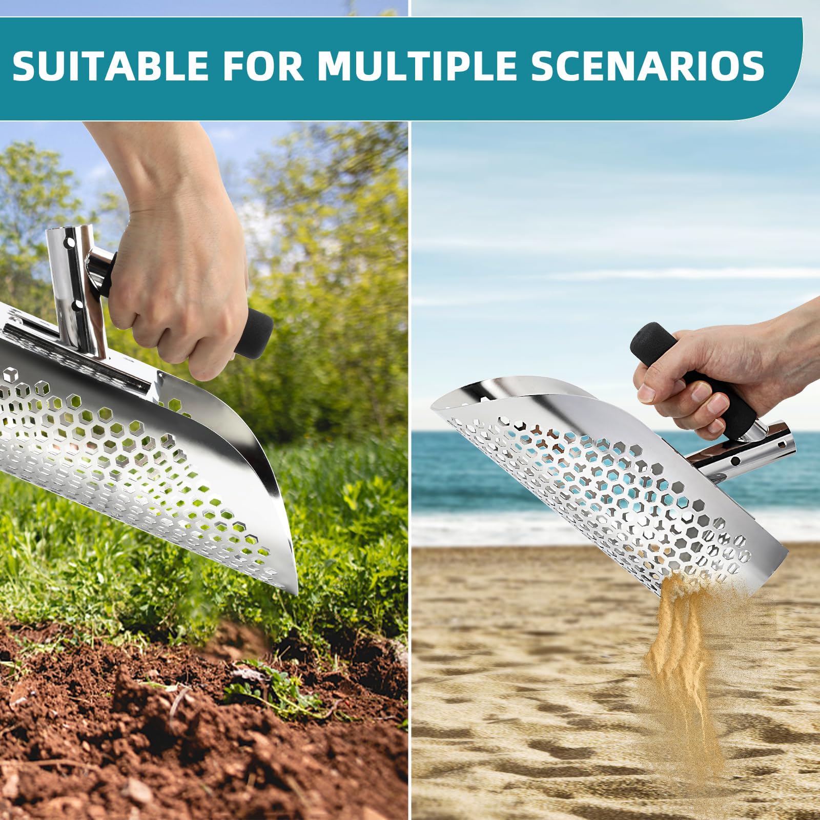 Long Handle Sand Scoop, Stainless Steel Shovel Scoop for Metal Detecting for Adults, Shovel Underwater Treasure Hunting, Adjustable Length, Handheld with Long Steel Handle Pole Design