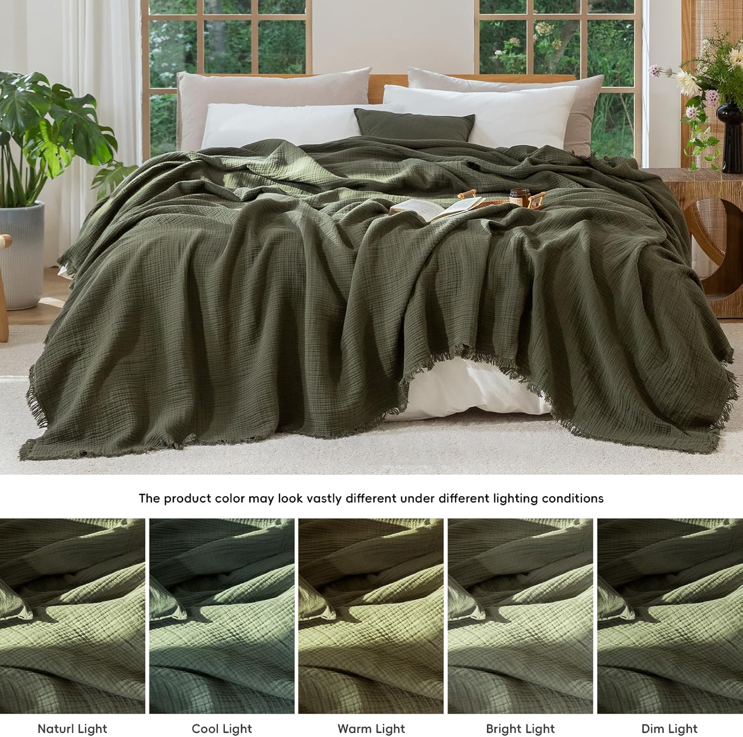 MooMee Muslin Blanket - 100% Cotton 4-Layer Gauze Throw Blanket with All-Around Fringe, Ultra-Soft Breathable Lightweight Cooling Decorative for Bed, Sofa & Couch (Olive Green,Throw XL 50" x 70")