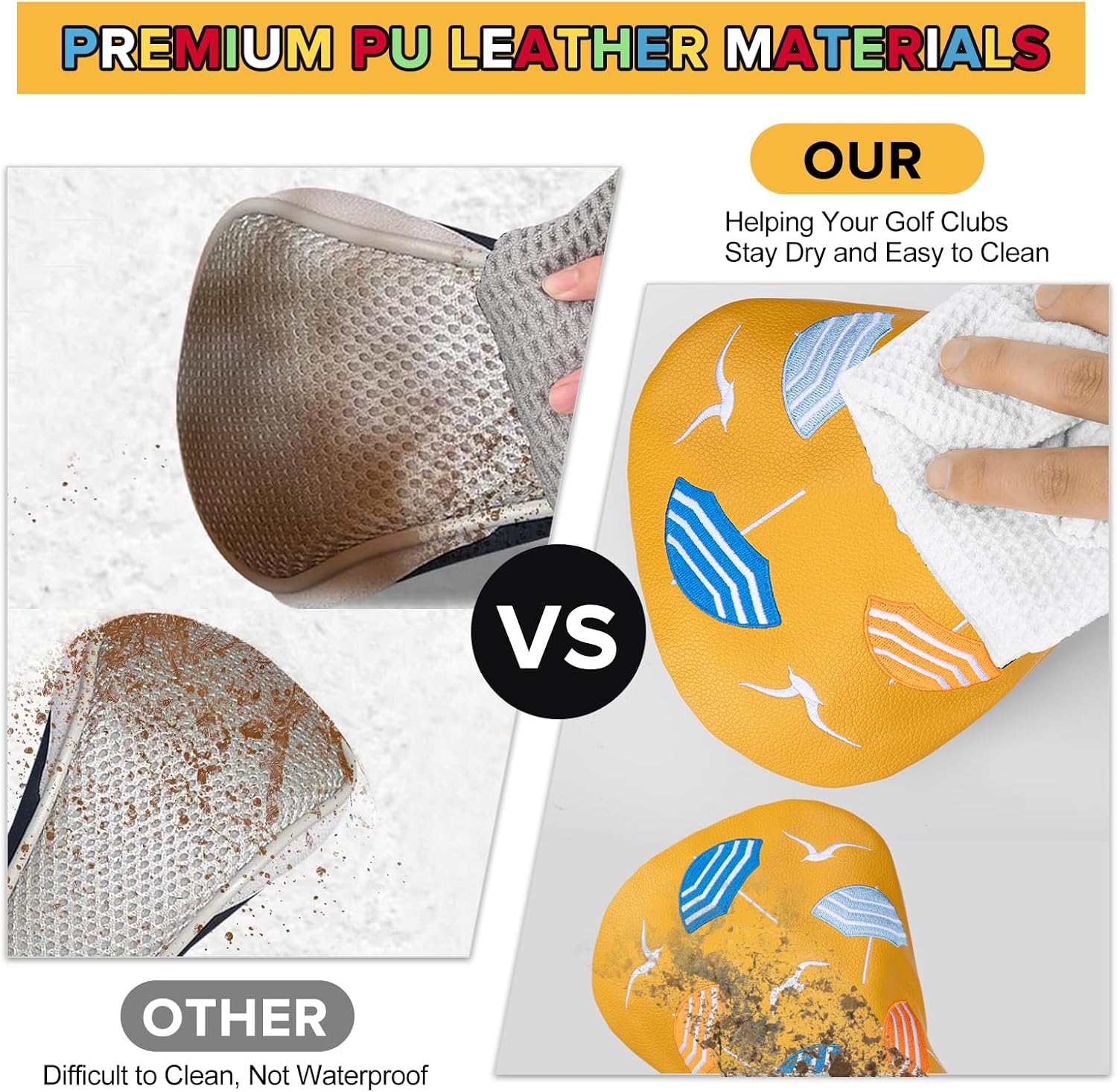 Golf Club Head Covers, Summer Beach Umbrellas Golf Driver Covers, Fairway Wood and Hybrid Head Covers with Interchangeable Tags, Premium PU Leather Golf Club Covers