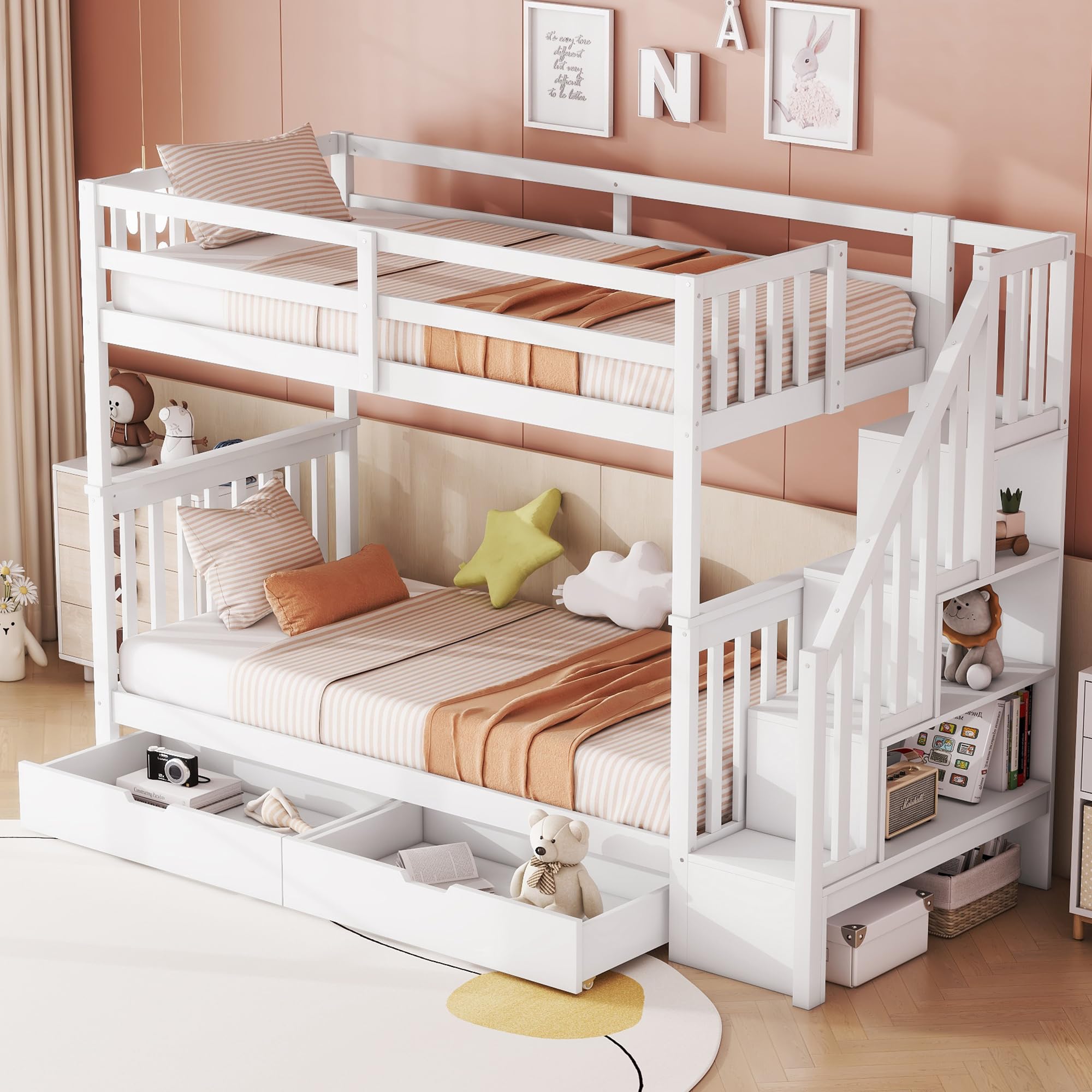 Rtopsu Etagenbett Kinderbett 90x200 cm für 2 Kinder, Hochbett Holzbett mit Treppe und 2 Stauraum Schubladen, Bett mit Rausfallschutz und Lagerregal, Hausbett mit Lattenrost, Weiß, Ohne Matratze