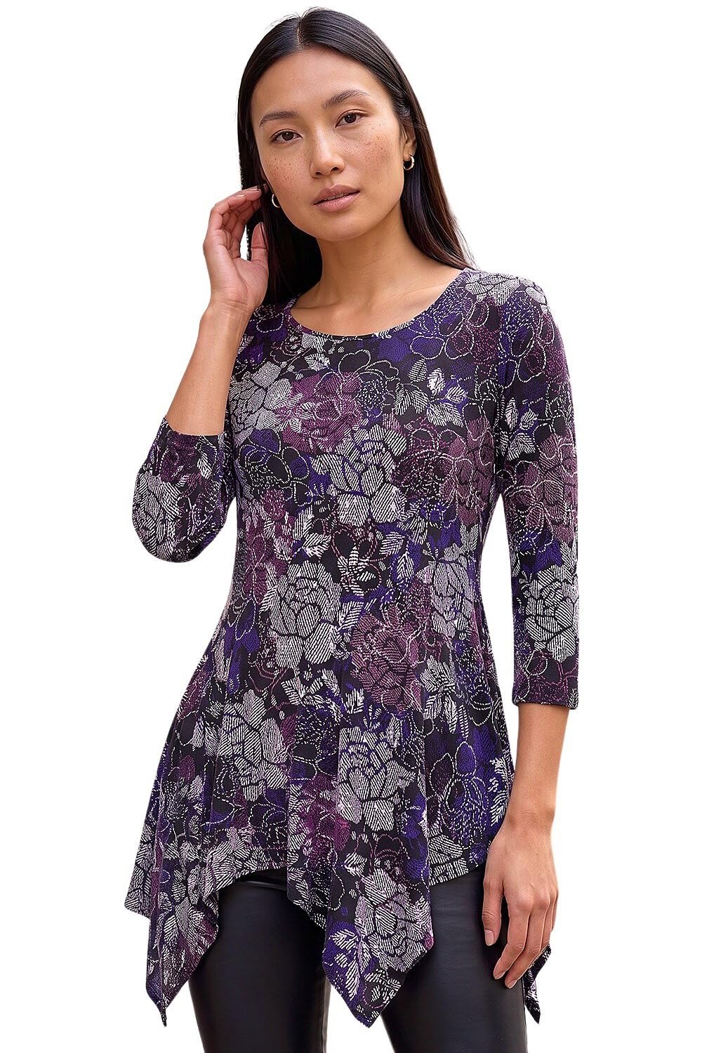 Roman Women's Purple Floral Puff Print Hanky Hem Top In Size 20