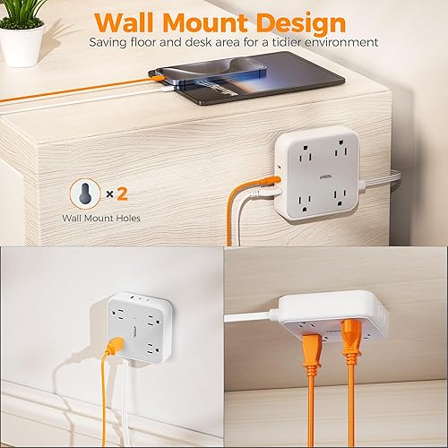Vista 45 de TESSAN - Regleta protectora contra sobretensiones, enchufe plano, cable extensión ultradelgado 5 ft, 3 puertos USB (1 USB C), 4 tomas corriente