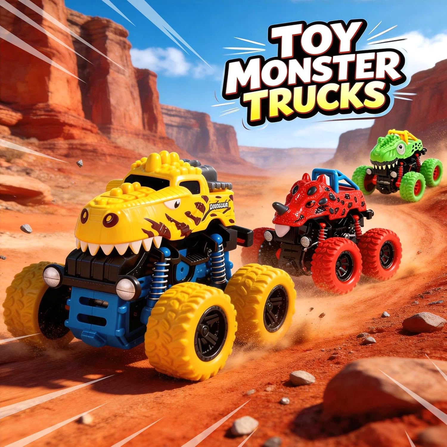 Dinosaur Toys for 2 3 4 5 Year Old Boys - 3 Pack Monster Truck Toys with Friction Power 360° Rotating Push and Go Cars for Toddlers Ages 2-4-6 - Boys Girls Birthday Gifts for Kids 3-5