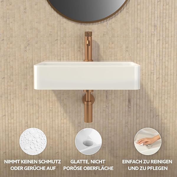 HOGART lavabo pequeño baño 45x28cm con seno a la derecha, lavabo de cerámica blanco rectangular, lavabo suspendido pared o sobre encimera, con orificio para grifo, sin rebosadero, ideal aseo invitados - 3
