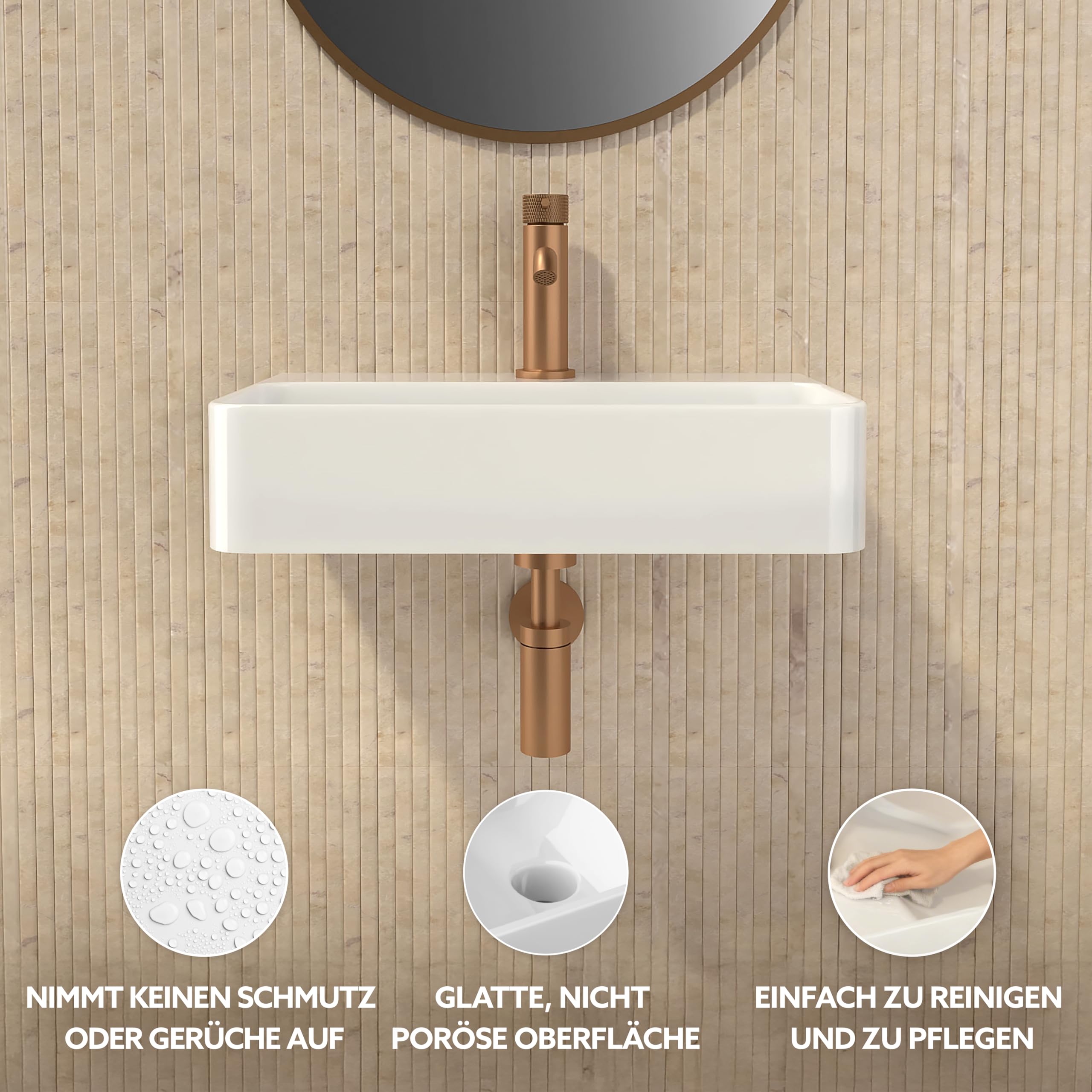 HOGART lavabo pequeño baño 45x28cm con seno a la derecha, lavabo de cerámica blanco rectangular, lavabo suspendido pared o sobre encimera, con orificio para grifo, sin rebosadero, ideal aseo invitados - 4