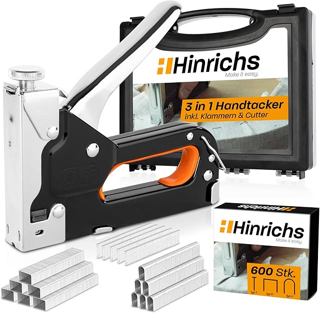 Hinrichs Staple Gun Heavy Duty Clips in Case  Staple Gun for Wood with Nails  Wood Staple Gun for fence  Heavy Duty Staple Gun for Upholstery Work Stepler Gun  Staplegun Stapling Guns - Stable Gun