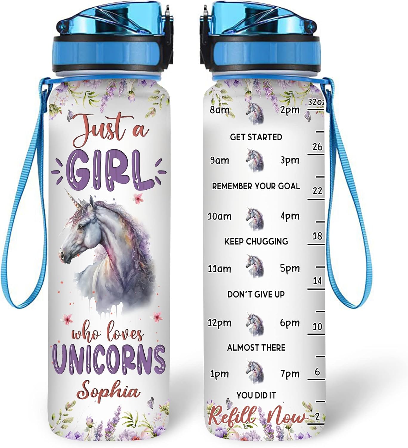 Hyturtle Personalized Unicorn Lovers 32 Oz 1Liter Motivational Water Bottle With Time Marker, Just A Girl Who Loves Unicorns, Animal Lovers Gifts For Women, Girl On Birthday, Christmas