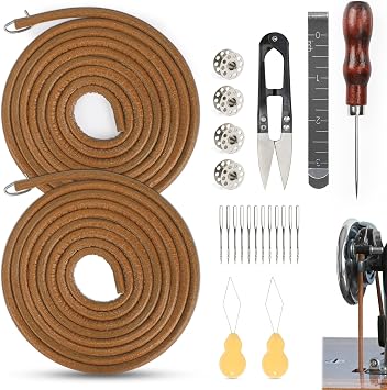2 PCS Treadle Sewing Machine Belt,72 Inch 3/16" Sewing Treadle Belts Replacement Leather Belt with Hook for Singer/Jones Sewing Machine Total 23 PCS Accessories