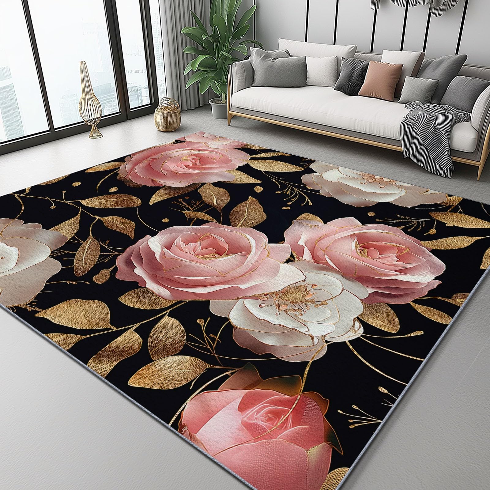 Dywaniki z kwiatowym nadrukiem róż, do salonu, sypialni, mata antypoślizgowa, delikatny puch, miękki i wygodny, idealny do podłóg z twardego drewna, 140 x 200 cm, różowe złoto