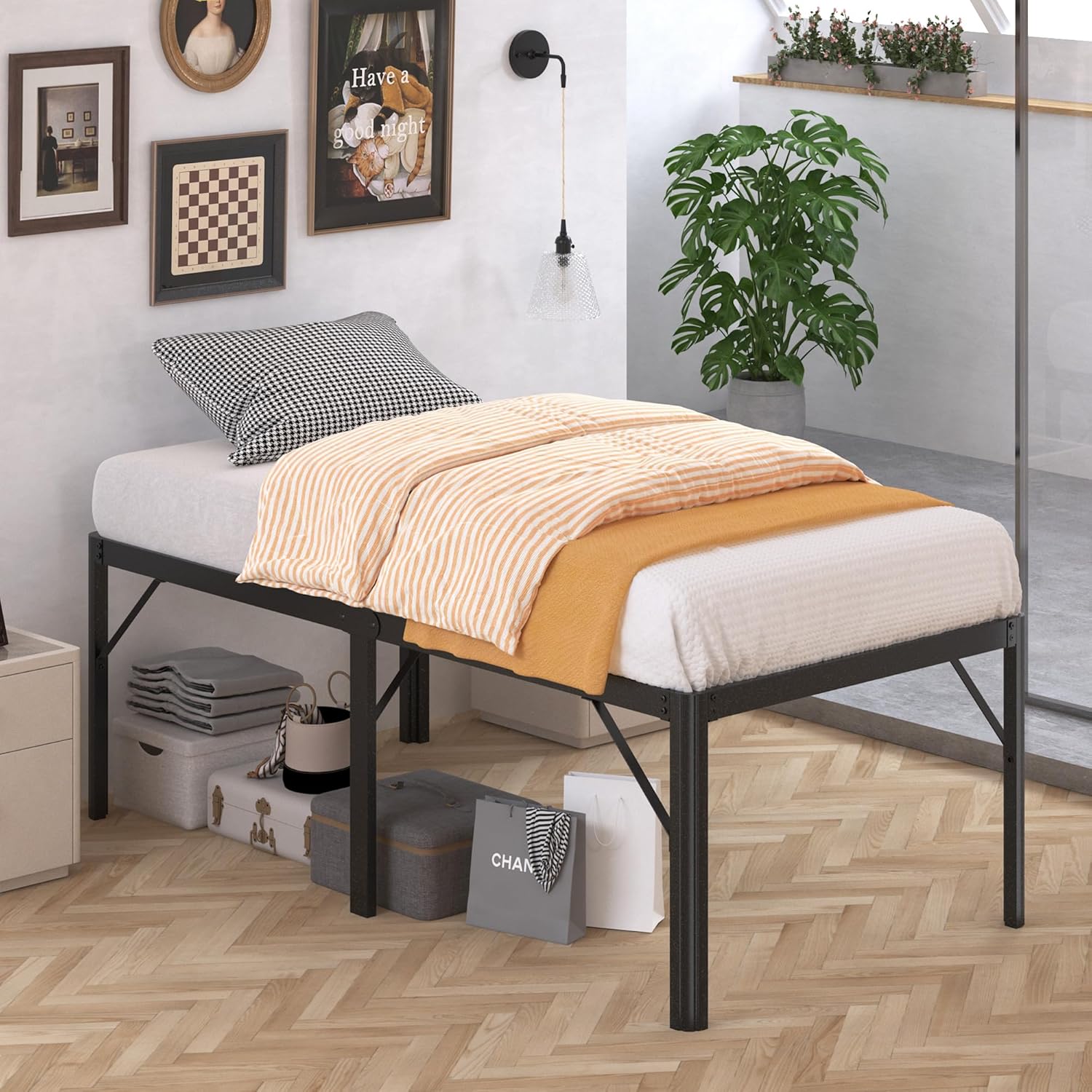 24 Inch High Twin Bed Frames with Rounded Corner, Heavy Duty Metal Twin Platform Bed Frame Under-Bed Storage Space, No Box Spring Needed, Noise Free, Easy Assembly, Black