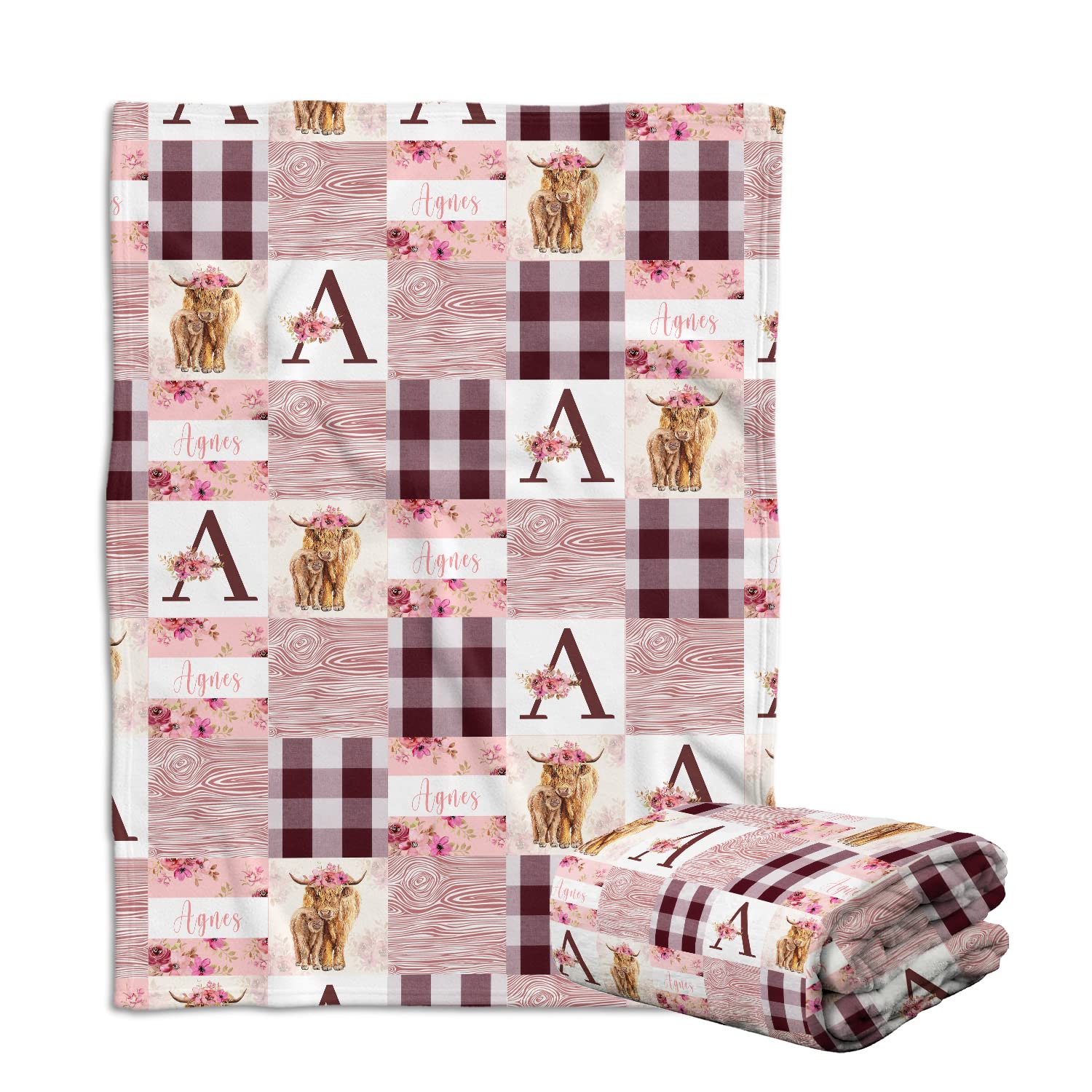 Highland Cow Personalized Baby Blanket With Name - Pink Western Cowboy Blanket for Newborn Infant Daughter, Custom Baby Girl Stuff