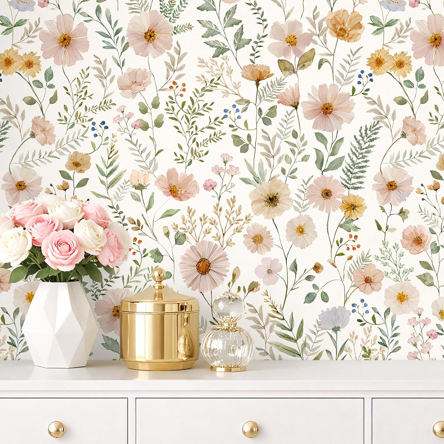 VEELIKE Cottage Wildflowers Peel and Stick Wallpaper Vintage Pink Floral Wallpaper for Girls Room Nursery Dorm 17.7''x354'' Removable Self Adhesive Botanical Wall Covering Contact Paper for Cabinets
