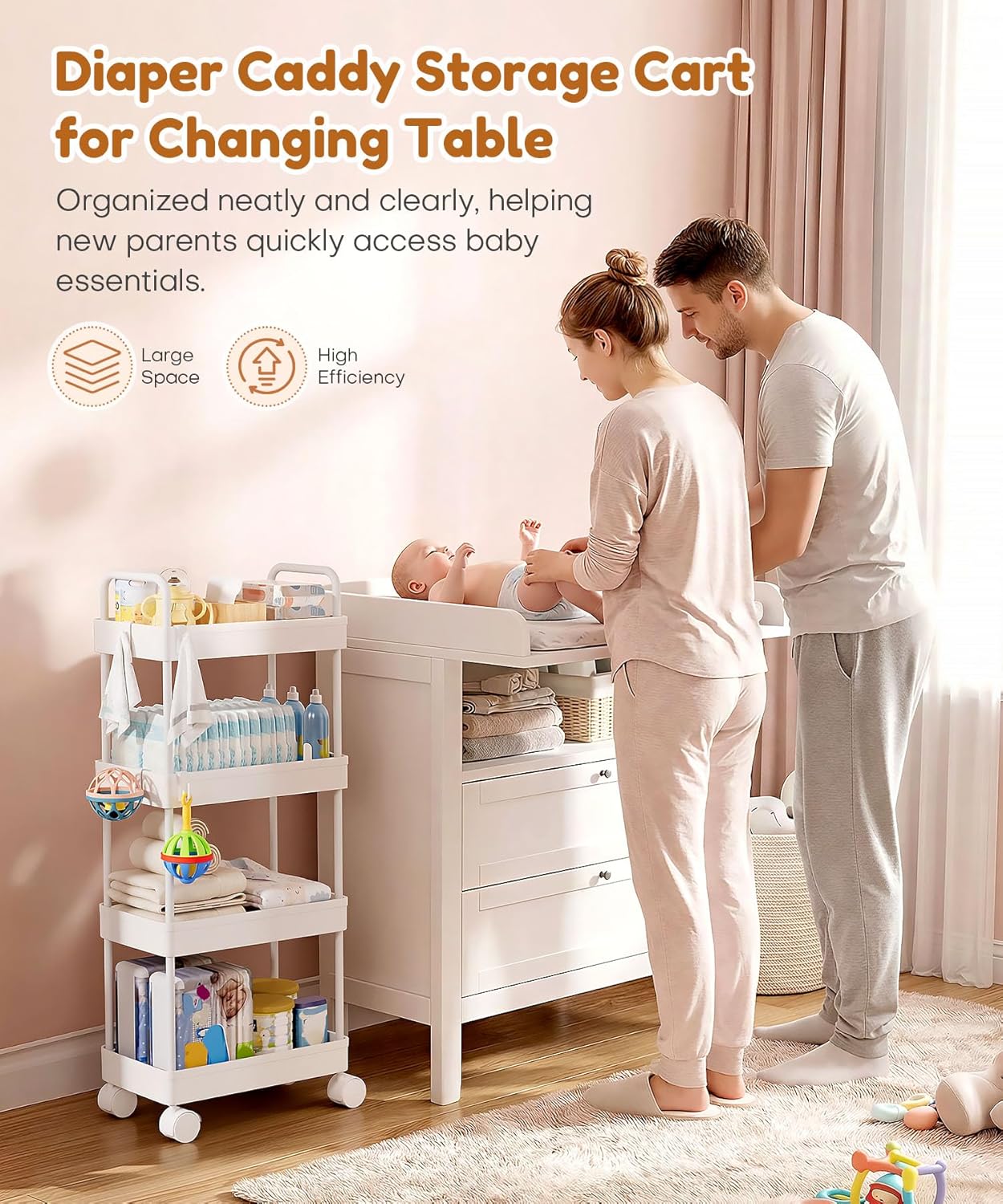 Homde Baby Diaper Caddy Organizer for Nursery: 4-Tier Rolling Lockable Cart - 10-15 Assembly - Holds 45 lb - Sturdy Metal Frame Easy-Clean ABS - Changing Station for New Parents