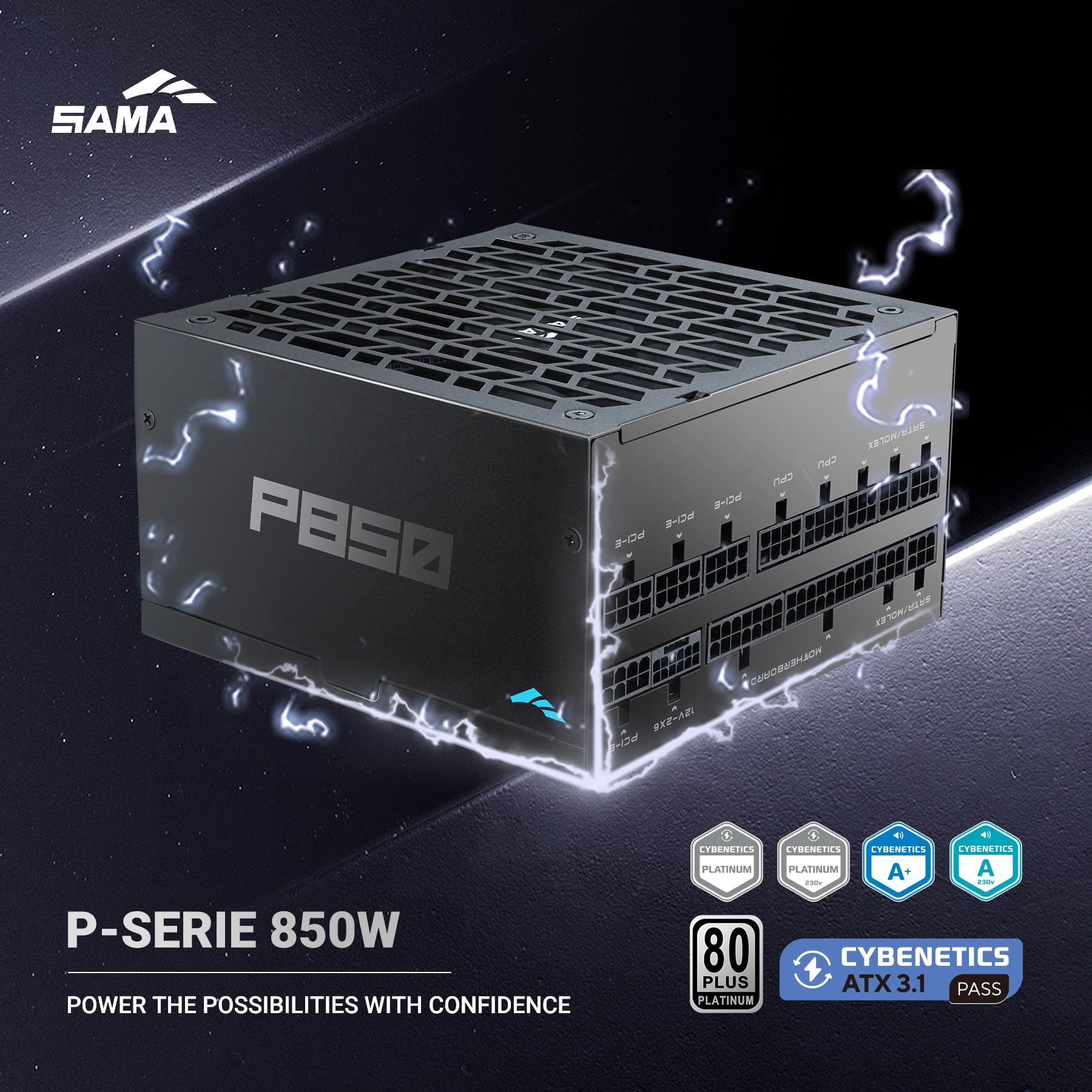SAMA Bloc d'alimentation P850 850 W - Compact entièrement modulaire ATX 3.1 PSU - PCIe 5.1 & 12V-2x6 GPU Ready - Certifié 80 Plus Platinum - Ventilateur FDB zéro RPM 140mm - Condensateurs haut de