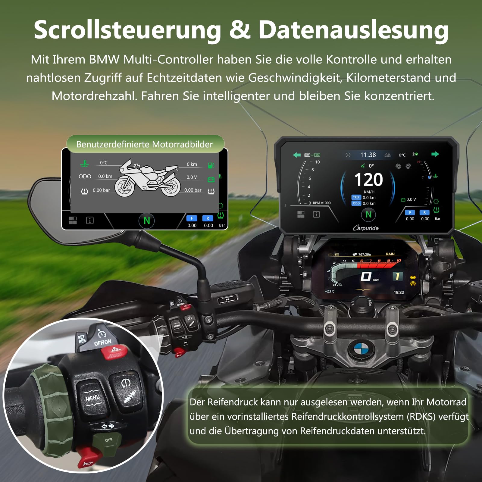Carpuride W602BS Pro Carplay Bildschirm für BMW Motorrad, Nativ Wonder Wheel Kontrol & Datenauslesung, Kabellos CarPlay & Android Auto, 6,25" Wasserdichter Touchscreen, OTA/Dual Bluetooth/Sprechanlage