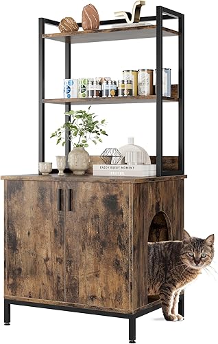 GAOMON Caja de arena para gatos, mueble oculto de madera grande para gatos con 2 estantes de almacenamiento y puertas, gabinete de almacenamiento de