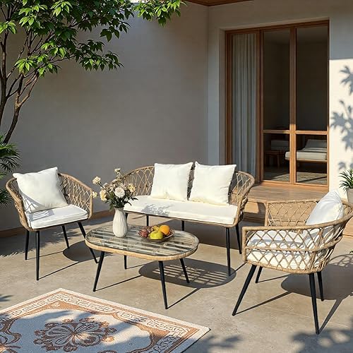 4 Piece Patio Furniture Set,Outdoor Conversation Set with Wicker Sofa, 2 Rattan Chairs and Glass Table, Patio Bistro Set with All Weather Cushions, for Garden, Porch, Backyard (Beige)
