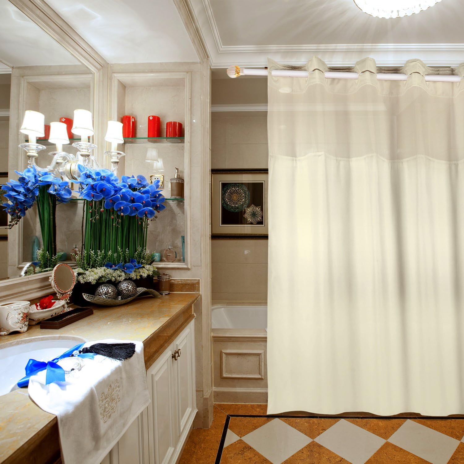 MINI DEER Shower Curtain with Magnet 70.8 x 74 Inch Polyester Bath Curtain with Light-Filtering Mesh Screen Anti Mildew