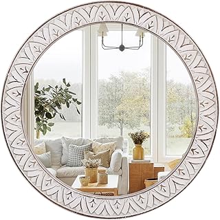 Rustic Round Wood 36 Inch Farmhouse Mirror, Wall Mount, Framed, White, F...