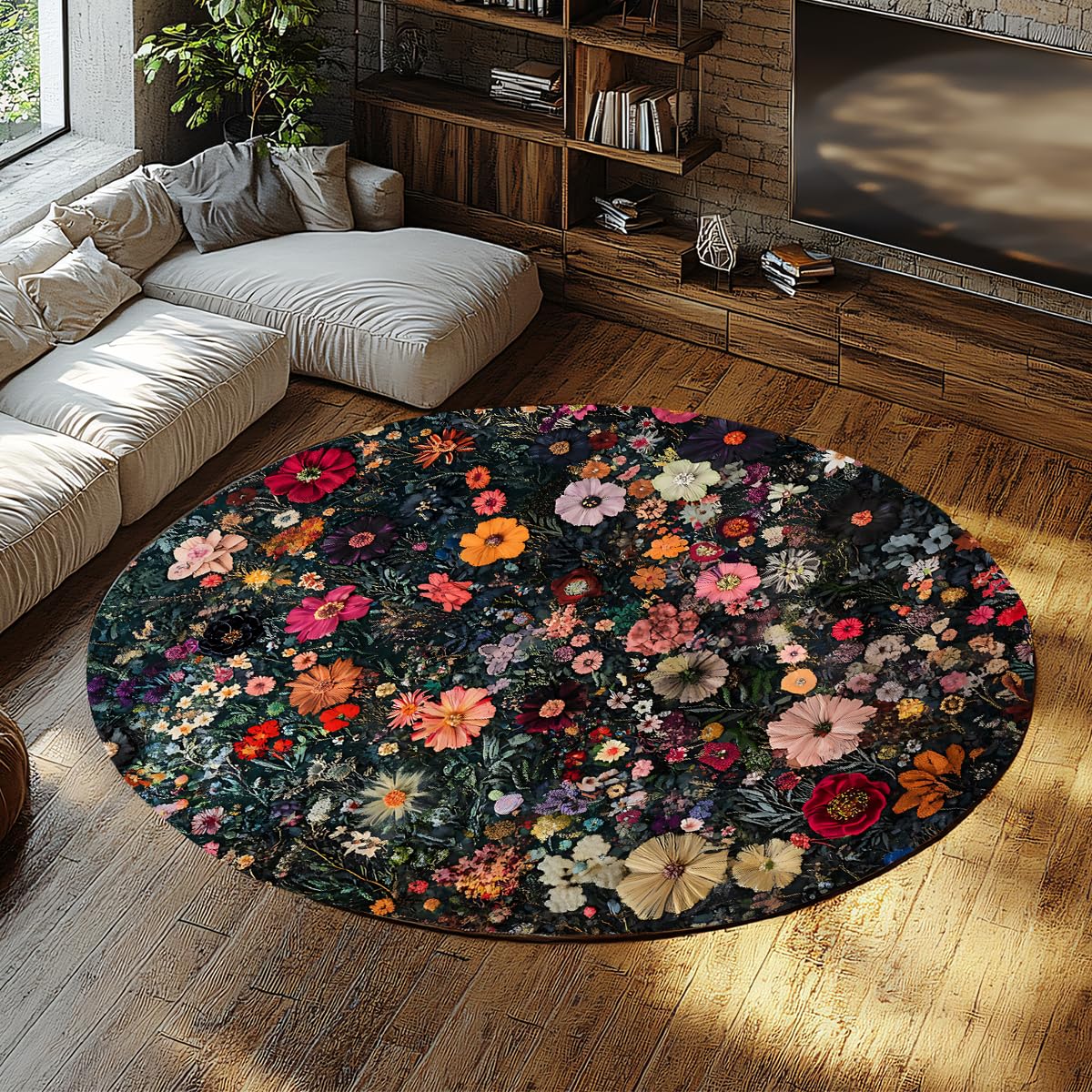 Tapis rond bohème de 200cm pour un salon vintage et chaleureux