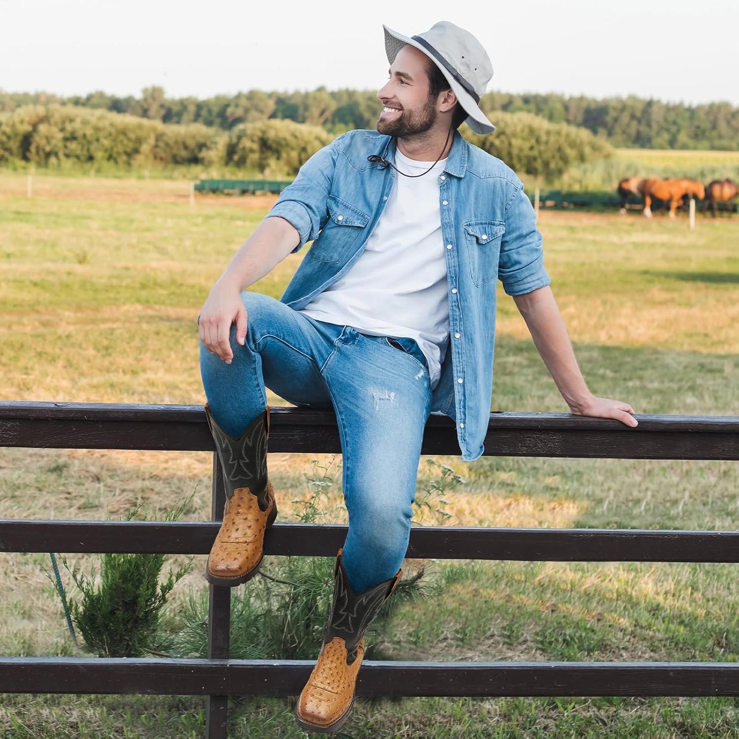 Rollda Cowboy Boots for Men Western Boots Men's Square Toe Chunky Heel Mid-Calf Boots Classic Embroidered Pull On Boots