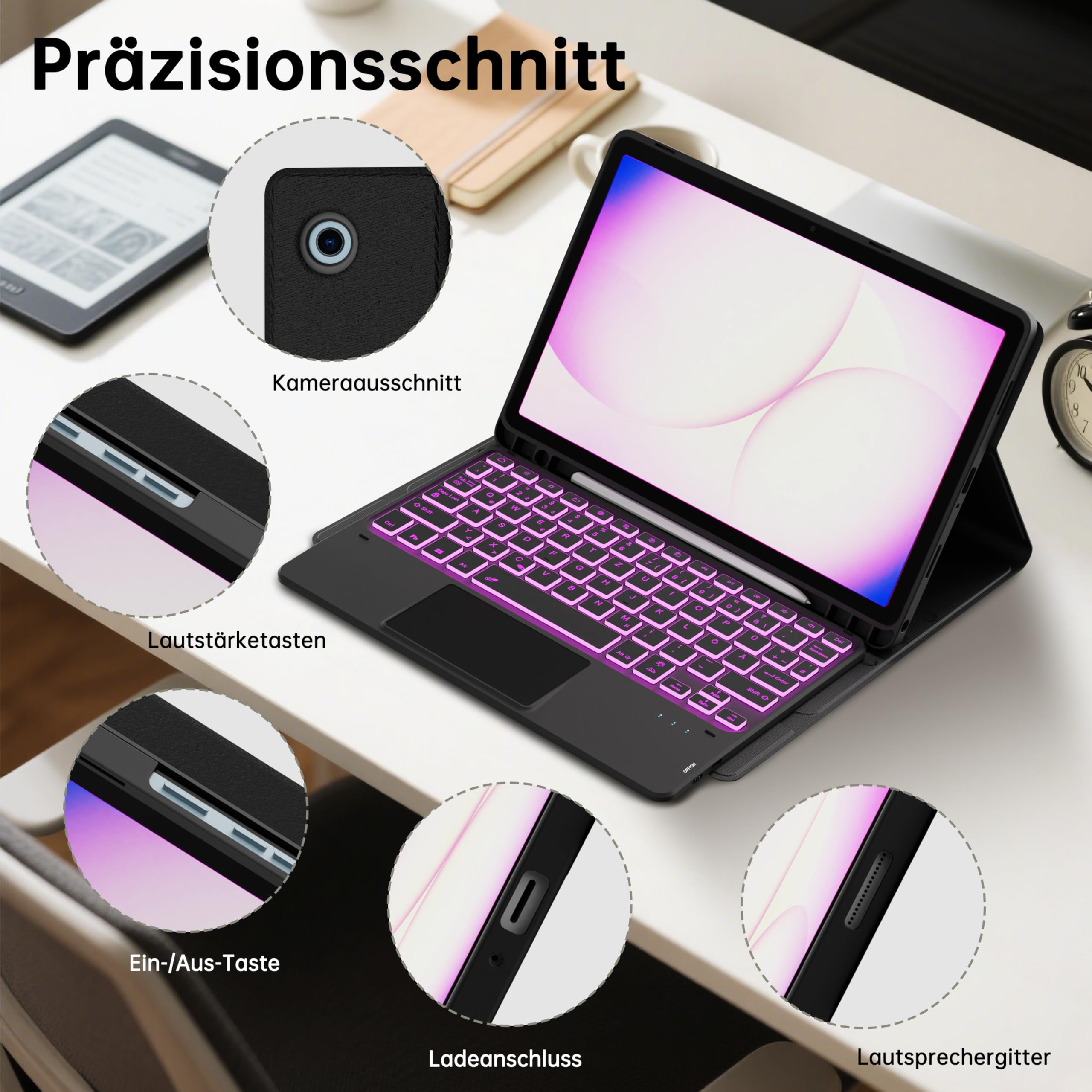 ROOFEI für Samsung Galaxy Tab A11 Plus/A9+ 11 Zoll Tastatur Hülle - 7 Farbig Hintergrundbeleuchtetes mit Abnehmbares Touchpad Tablet Cover - Tab A11+/A9 Plus 11" Deutsches QWERTZ Layout Tastatur
