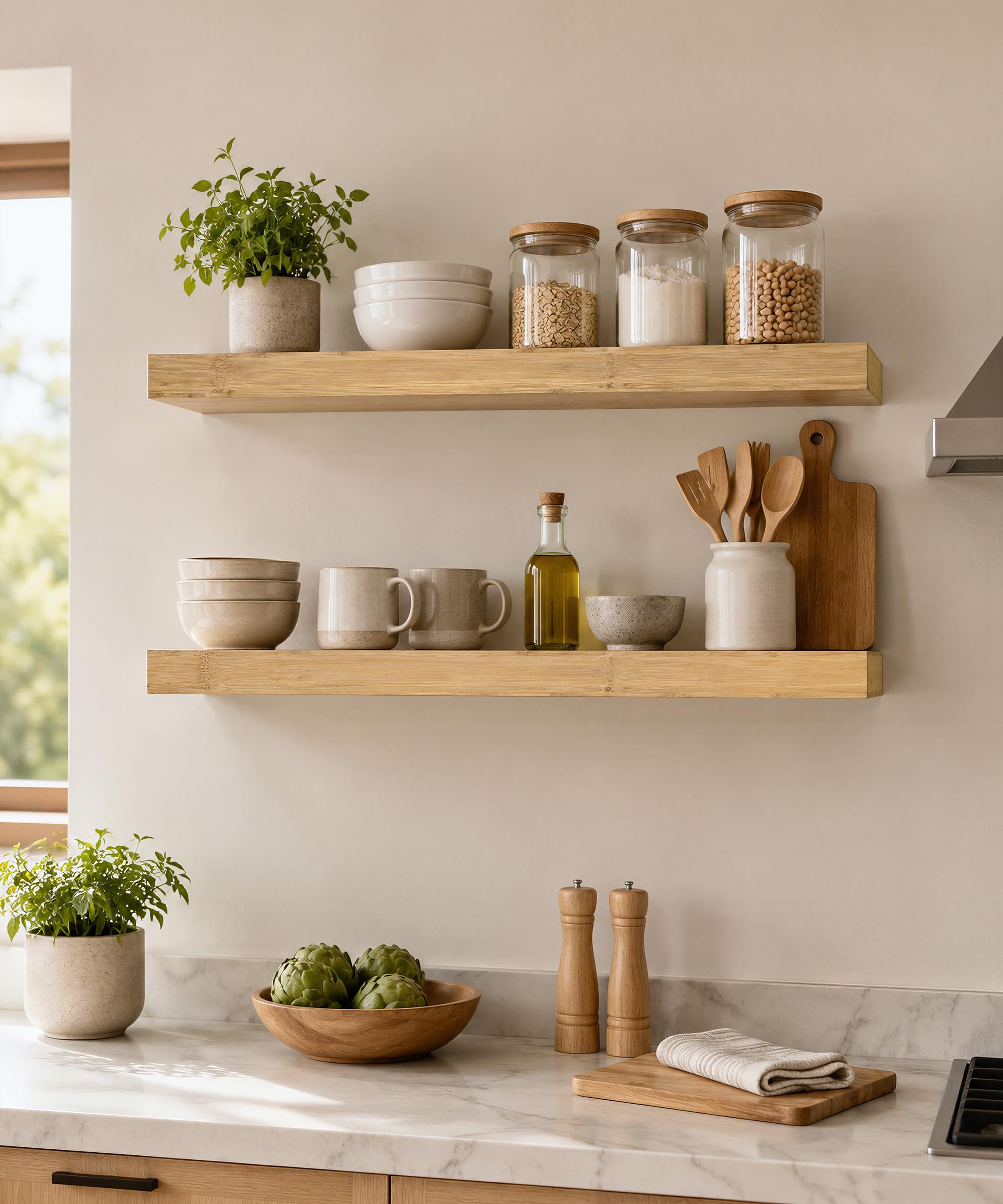 Afuly Mensole da Muro in Bambù per Soggiorno in Legno, 60 x 20 cm Set di 2 | Supporti nascosti, per libri, piante, foto e decorazioni, soggiorno, camera da letto, cucina e bagno, per uso quotidiano