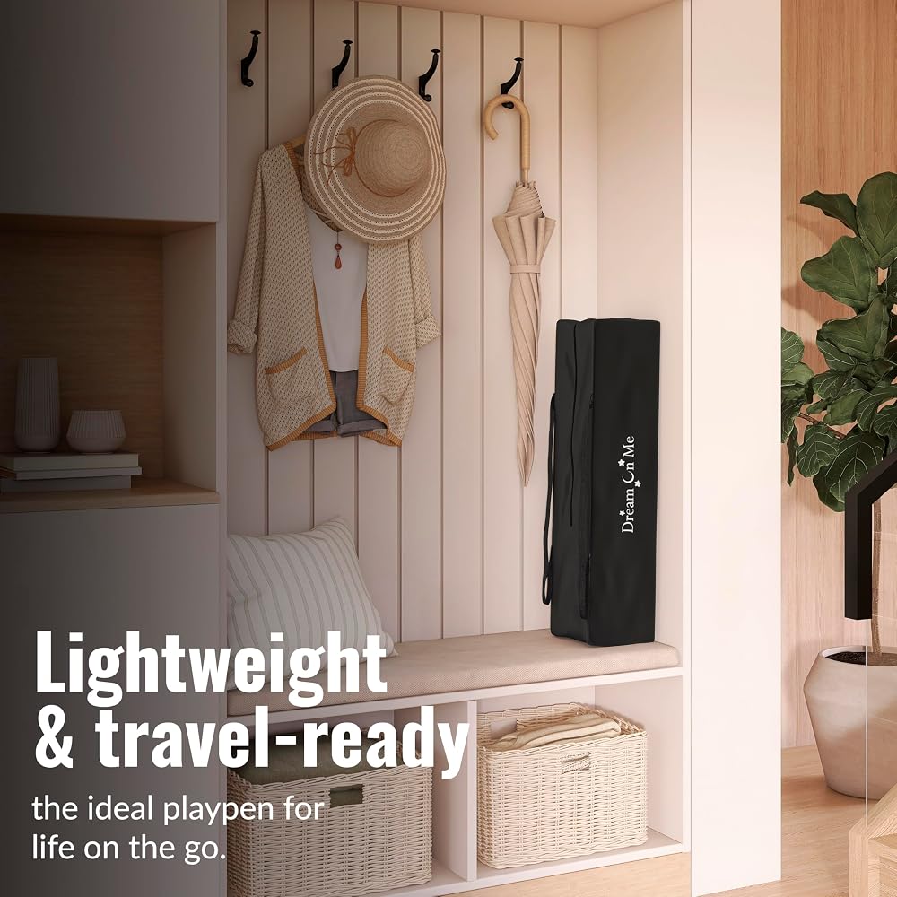 Dream On Me Nest Portable Playard in Black with Carrybag an Shoulder Strap, Lightweight, Packable and Easy Setup Baby Playard, Breathable Mesh Sides and Soft Fabric - Comes with a Removable Padded Mat