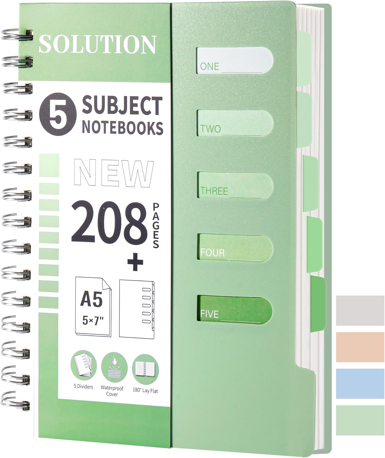 5 Subject Spiral Notebook College Ruled with Dividers & Tabs,5x7,Green