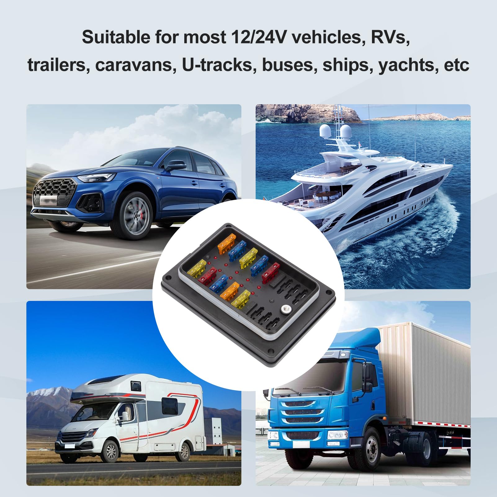 Boîte à Fusibles 10 Voies étanche, 12V Porte Fusible avec Bus Négatif avec 12 Voyants Couvercle de Protection, Voiture Blocs Fusible Lame pour Voiture, Bateau, Fourgonnette, SUV