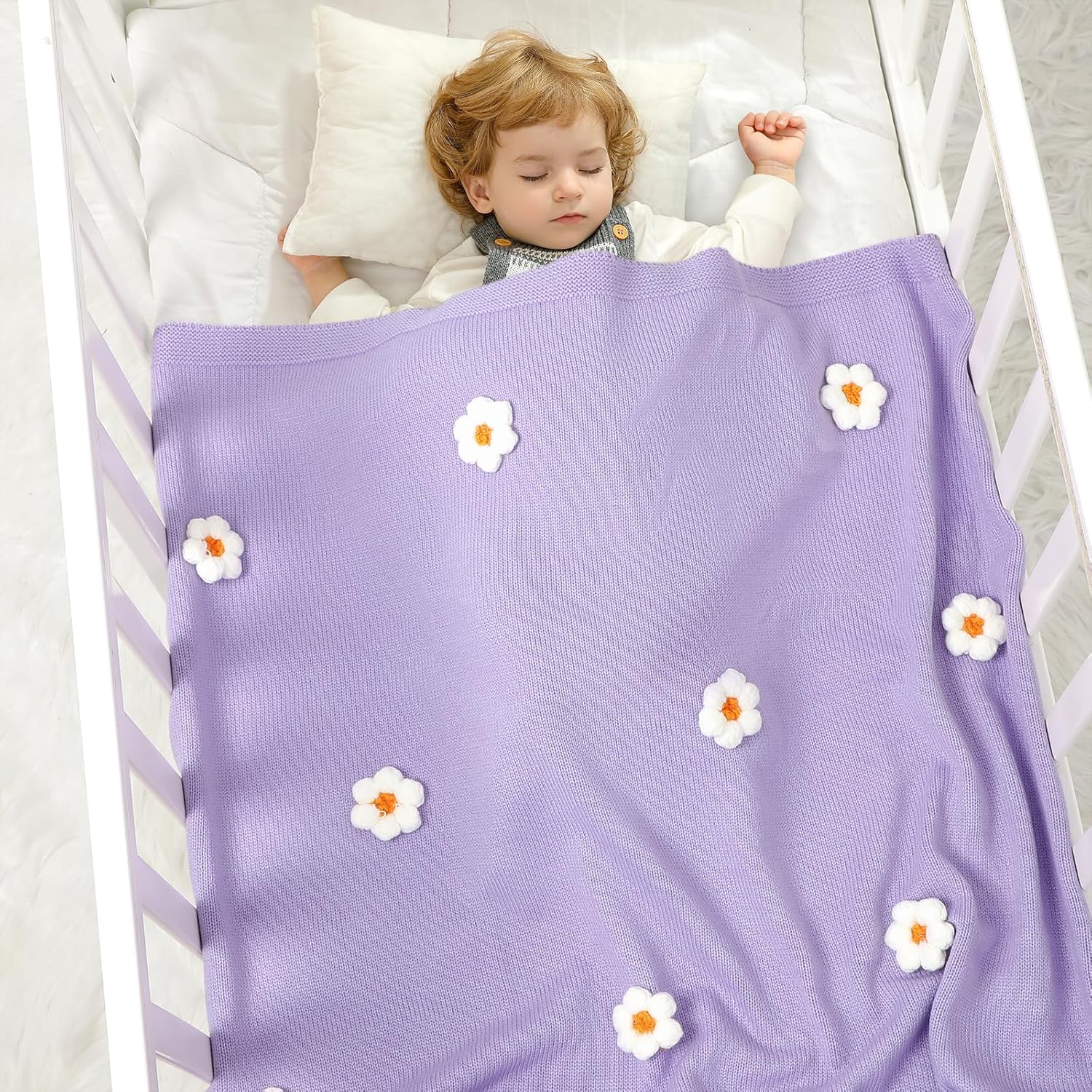 DovFanny Cotton Baby Blanket Soft Knitted Infant Swaddle Receving Crib Blanket with Cute Handmade Flowers
