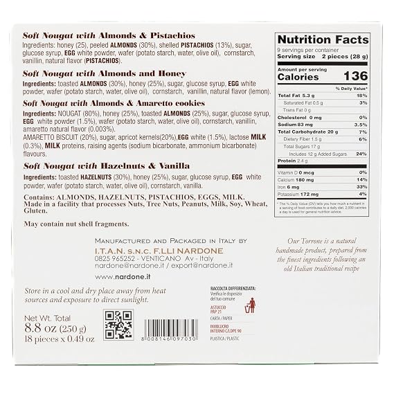 Itan 18 Piece Assorted Torrone Soft Nougat Candy, Made in Italy, 8.8oz (250g)