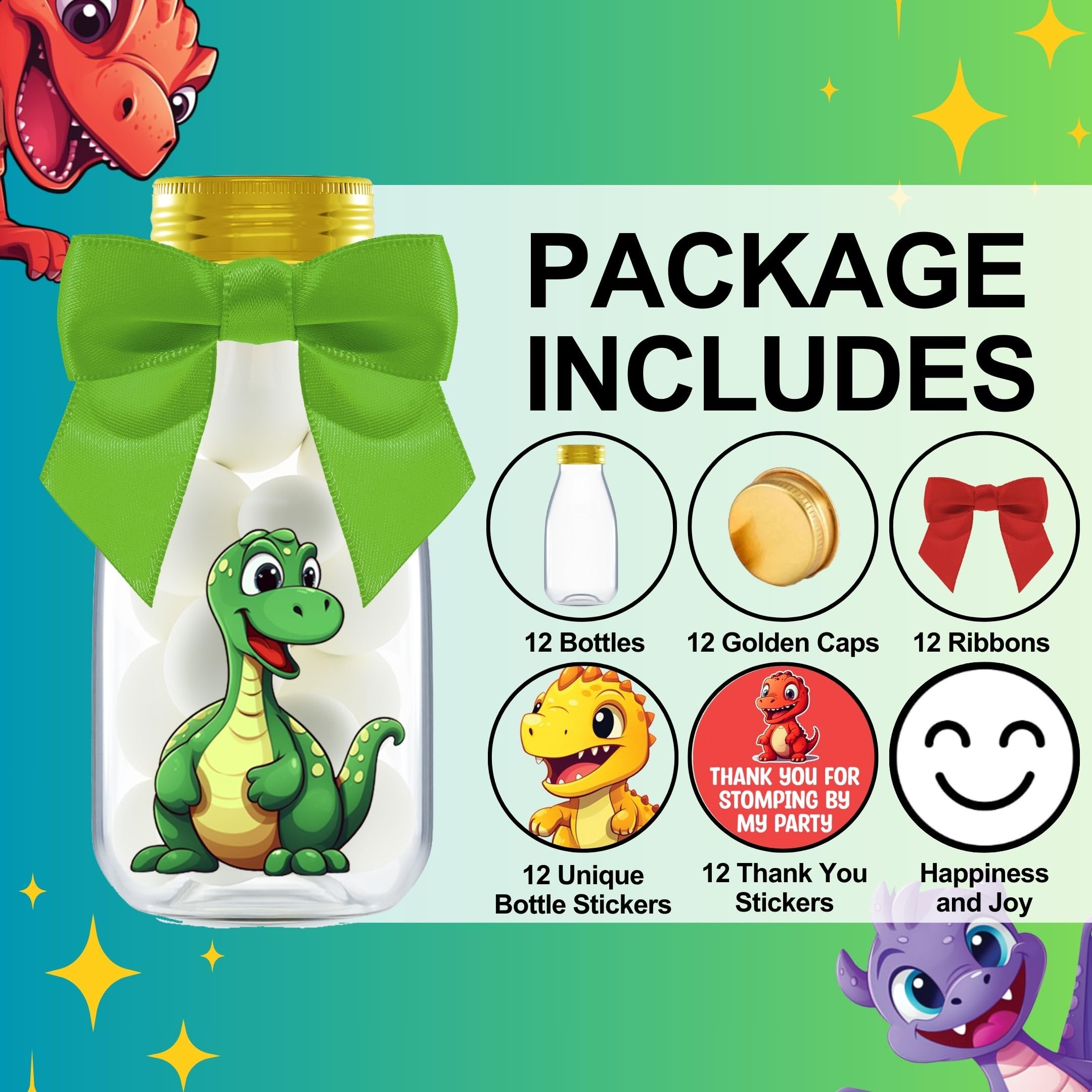Ethisa Small 12 Pack Dinosaur Party Favors - DIY Candy Jars with Ribbons and Stickers - Party Decoration Bottles for Birthday, Baby Shower and School Classroom - Dinosaur Table Centerpiece for Kids