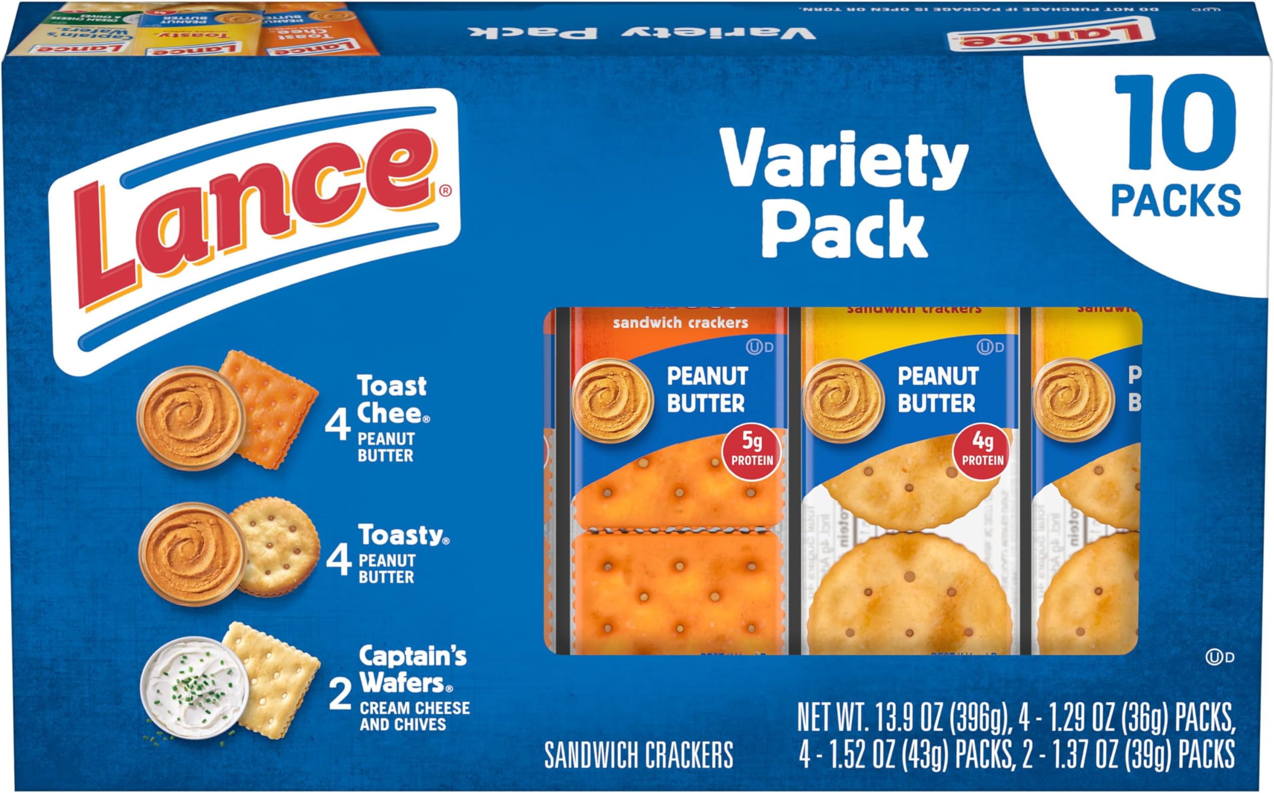 Lance Sandwich Crackers, Variety Pack, 3 Flavors, 10 Individually Wrapped Packs, 6 Sandwiches Each