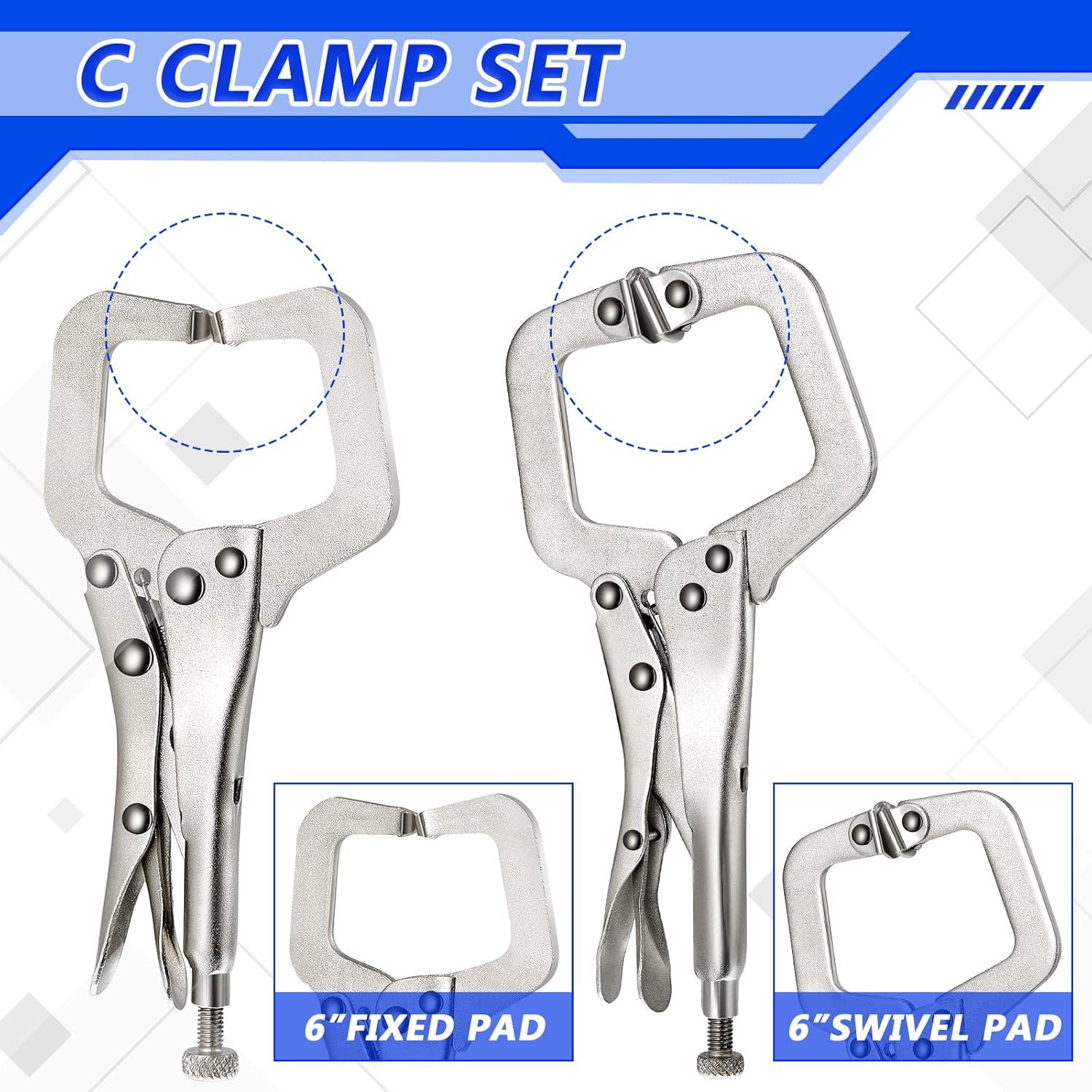 4 Pcs Locking C Clamp Set, Locking Pliers with Fixed and Swivel Pads, 6 Inch, 9 Inch, 11 Inch, Metal Tools Welding Clamps for Home Farm
